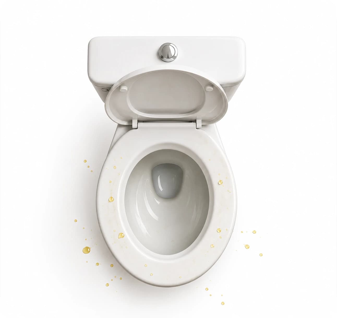 Top view of a toilet with urine droplets on the seat and floor
